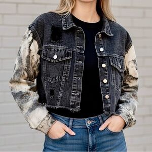 Black Distressed Punk Gray Acid Wash Sleeves Crop Moto Button Up Jacket Size S
